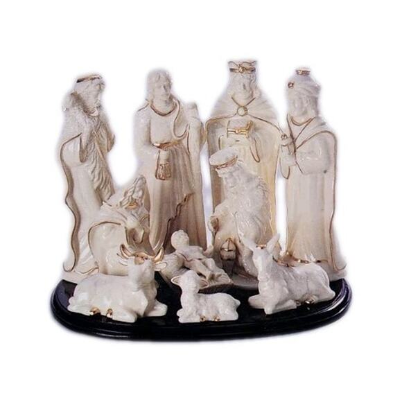 Vintage Christmas Wonder 7" Porcelain Nativity Ivory Golden figure w/Wood Base - Picture 1 of 16